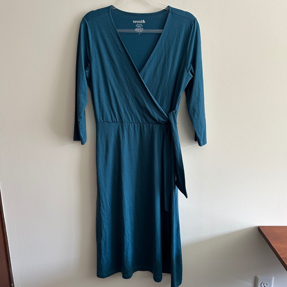 Wool& Wrap Dress Teal Blue Medium Merino Wool Blend 3/4 Sleeve Midi